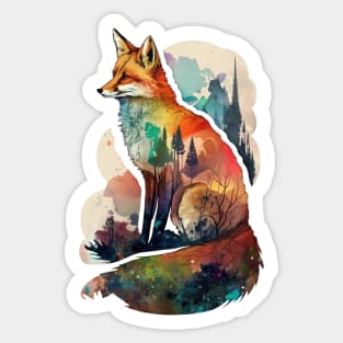 Fox Watercolor Forest Cute Autumn Leaves Landscape Animal Print Sticker